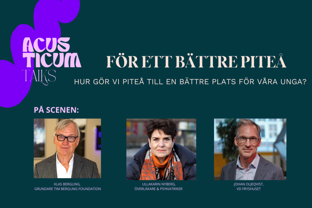 Bilden visar tre porträttbilder på tre föreläsare som föreläser om hur Piteå kan bli bättre för ungdomar. Bakgrunden är enfärgad och stilren.