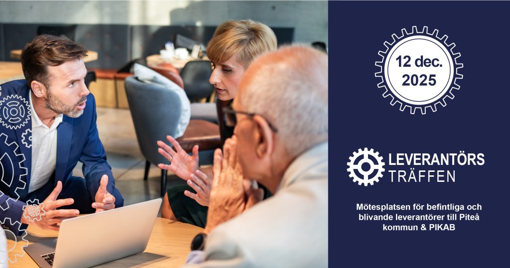 Ett collage av fotografier visar människor i samtal under ett möte eller en träff. Bilderna har kort skärpedjup, vilket gör att fokus ligger på personerna medan bakgrunden är suddig. I kompositionen finns blå dekor som ramar in motiven. Ovanpå bilden står texten ”Leverantörsträff”.